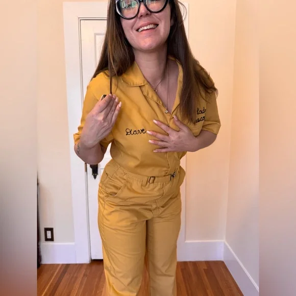 70s Vintage Yellow Cotton Blend Boiler Suit w Chainstitch Detailing Sz M-L - Picture 2 of 15